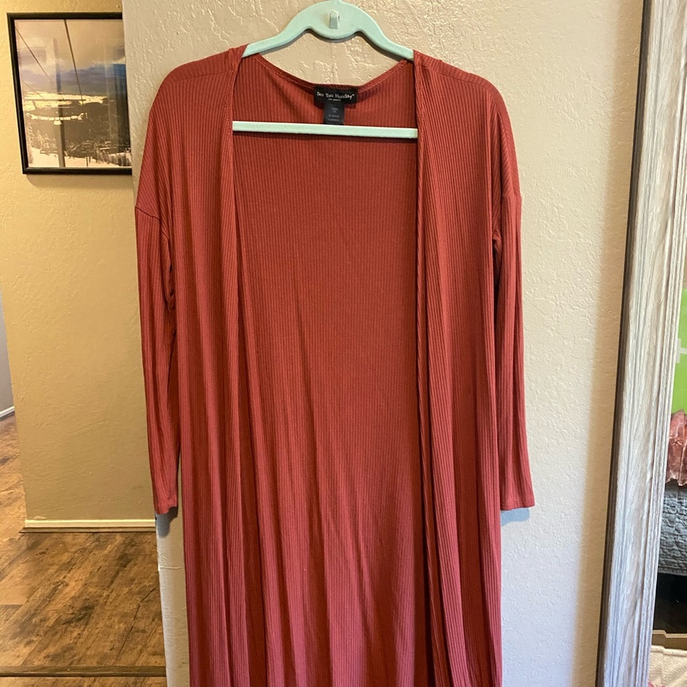 Burnt red long open faced cardigan